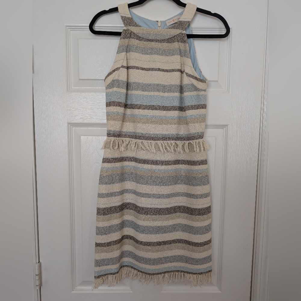 TORY BURCH Sleeveless Striped Fringe Halter Dress